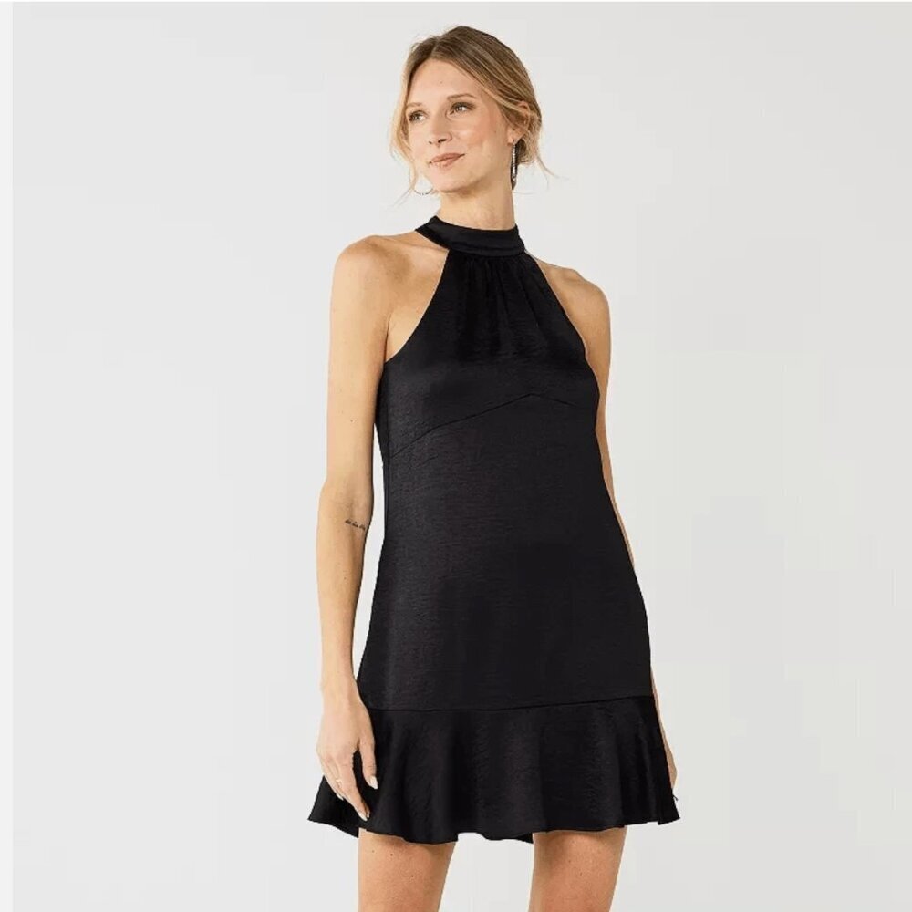 Nine West Women's Black Ruffle Hem Halter Neckline Button Closure Swing Dress XL